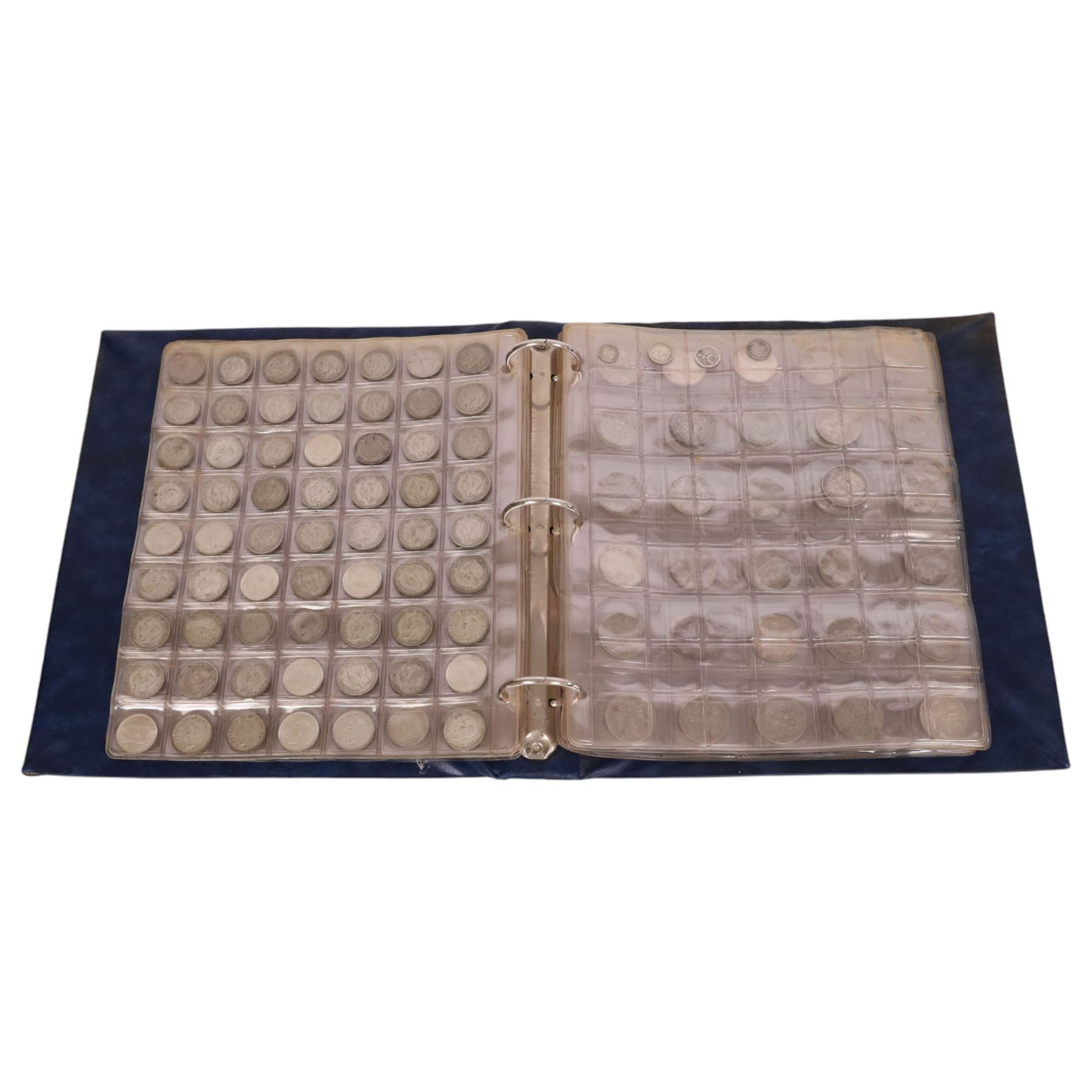 Great British pre-1920 and pre-1947 silver coins, including six pre-1920 and seventy-two pre-1947 half crowns, eight pre-1920 and forty-seven pre-1947 florins, nineteen pre-1920 and approximately one hundred pre-1947 shillings, etc, housed in a blue ring binder folder