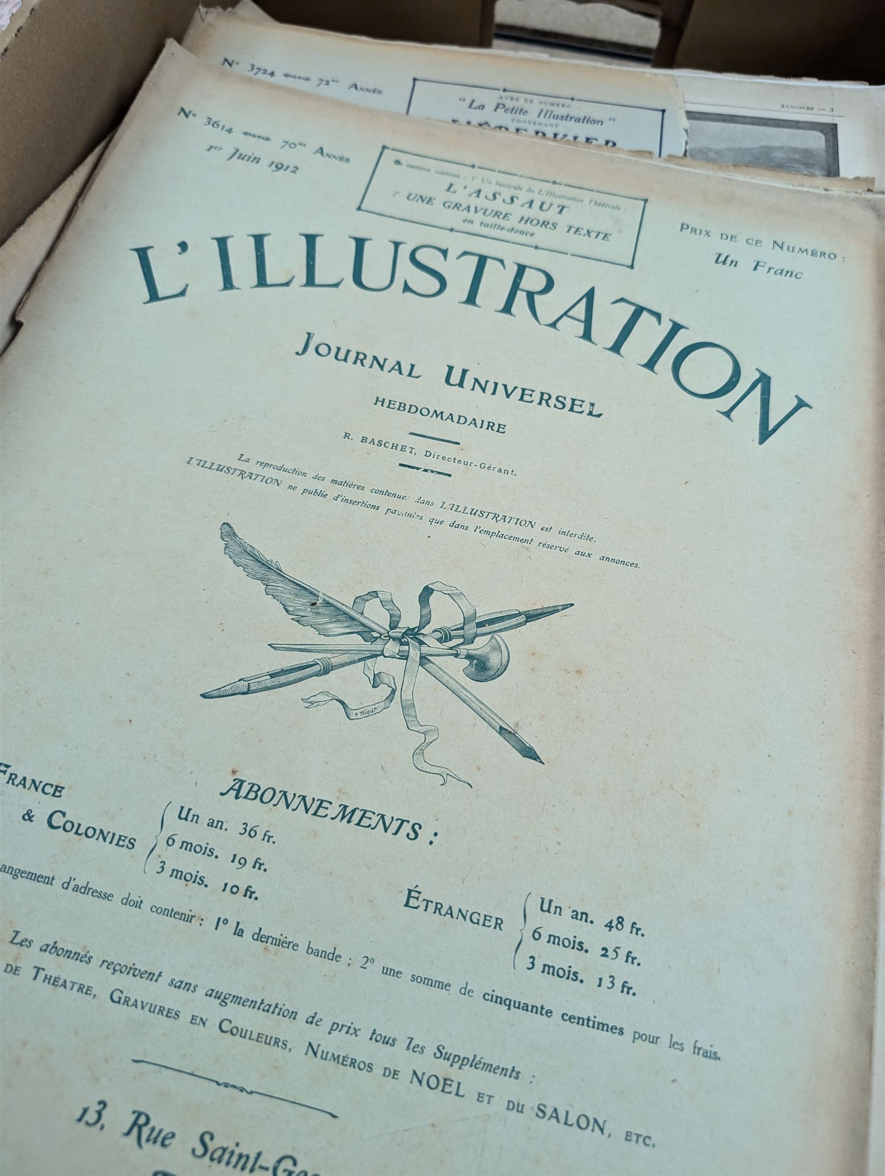 Collection of French L'Illustration Journal Universel magazines, a modern postcard album and The Leisure Hour