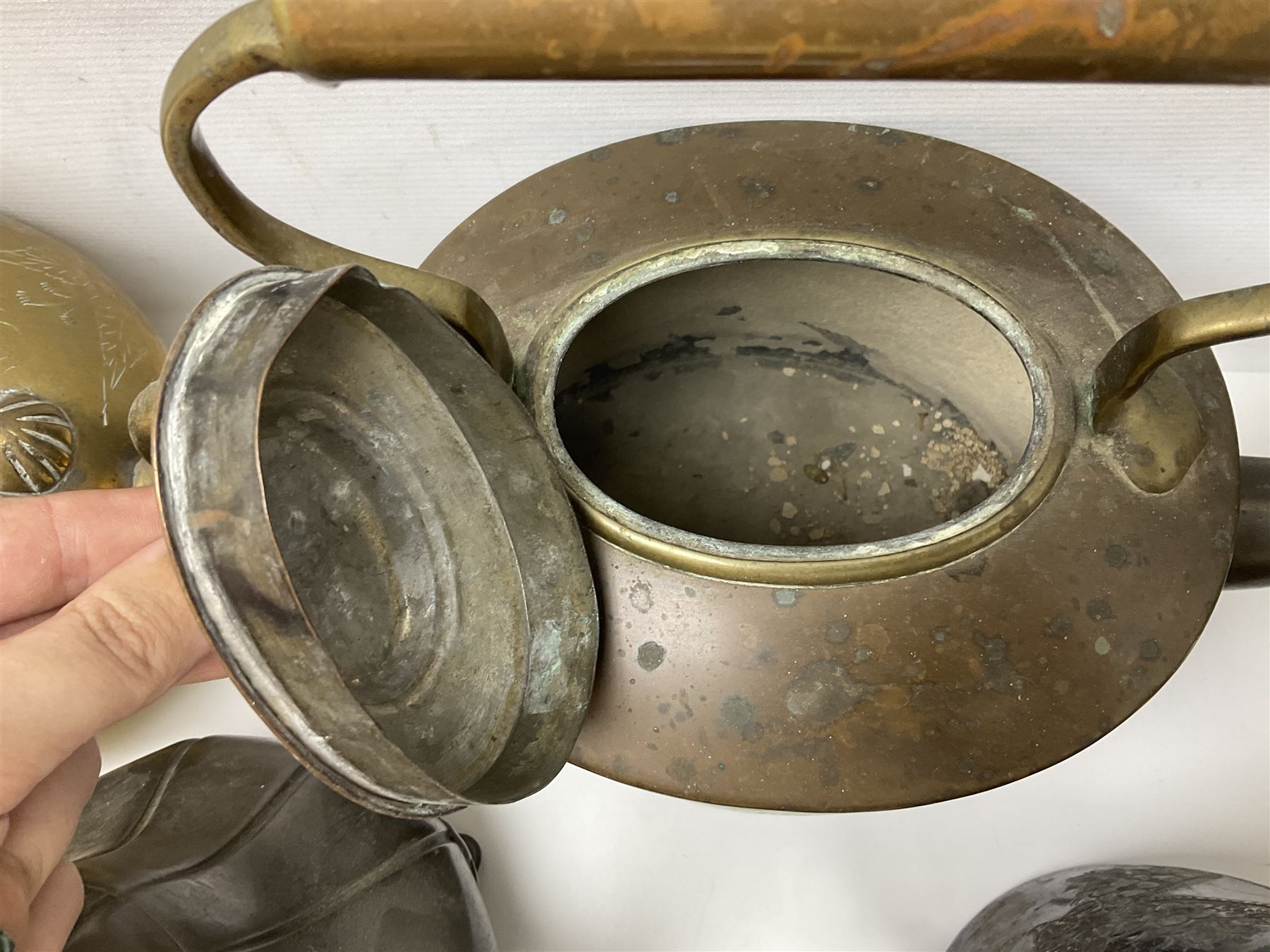 Collection of brassware, to include, kettles, jugs, owl figures etc