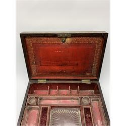 Victorian rosewood vanity box, with scrolling foliate brass inlay and twin brass inset campaign style handles, the hinged cover opening to reveal a gilt tooled interior with divisions, L33cm D22.5cm H13cm
