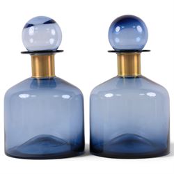 Pair of blue glass  bottles, with gilt metal collars, H40cm