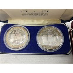 Commemorative coins and medallions, including hallmarked silver poultry medal, Royal Mint 'College of Arms Quincentenary Commemorative Medal', Selby Abbey '1069 1969' medallion, two medallions commemorating the Investiture of H.R.H. Prince Charles 1st July 1969 and a set of four coins commemorating the Investiture of Prince Charles, all cased 