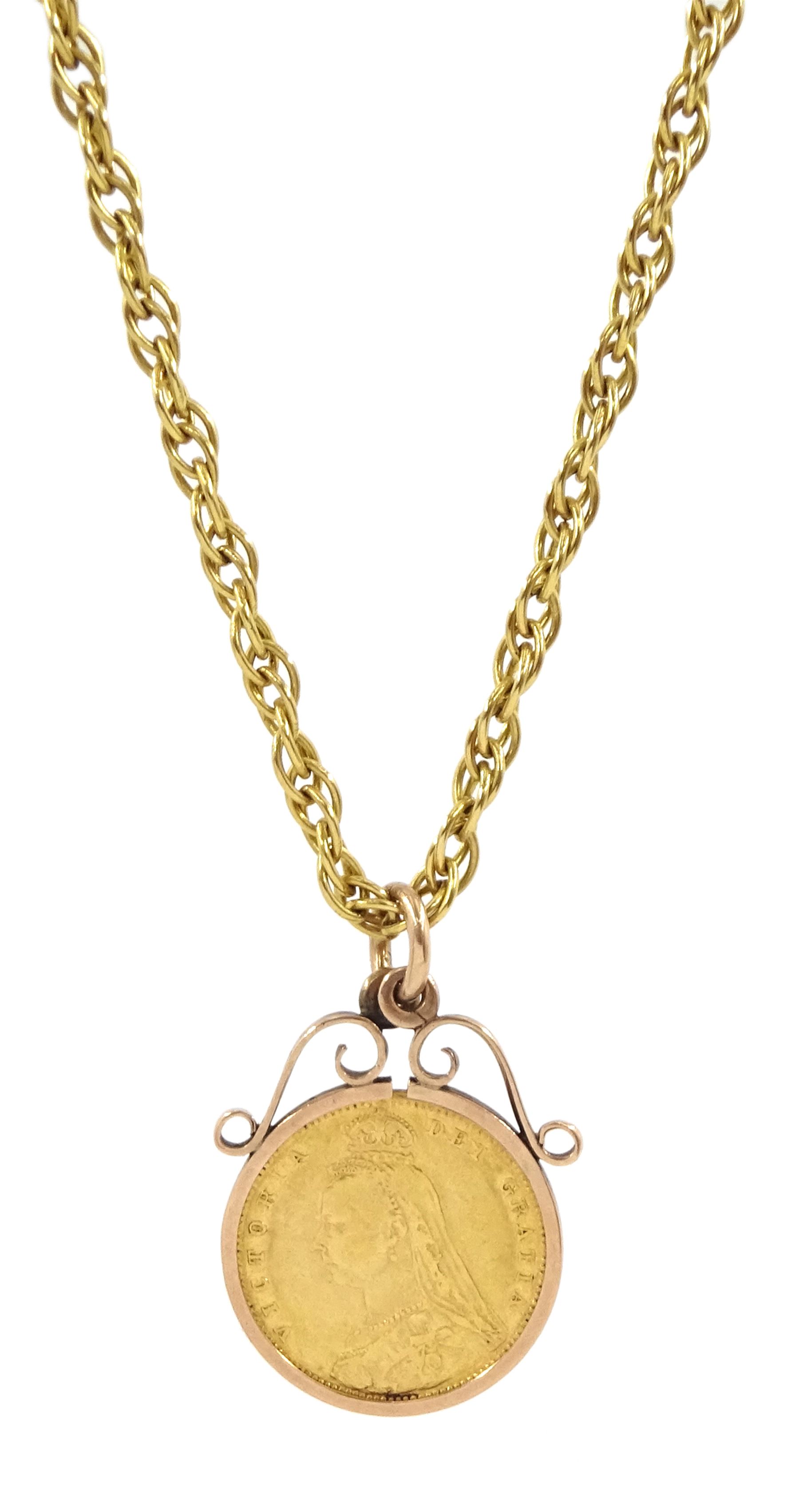 Queen Victoria 1893 gold half sovereign coin, shield back, loose mounted in gold pendant, on gold Singapore link chain necklace, both 9ct