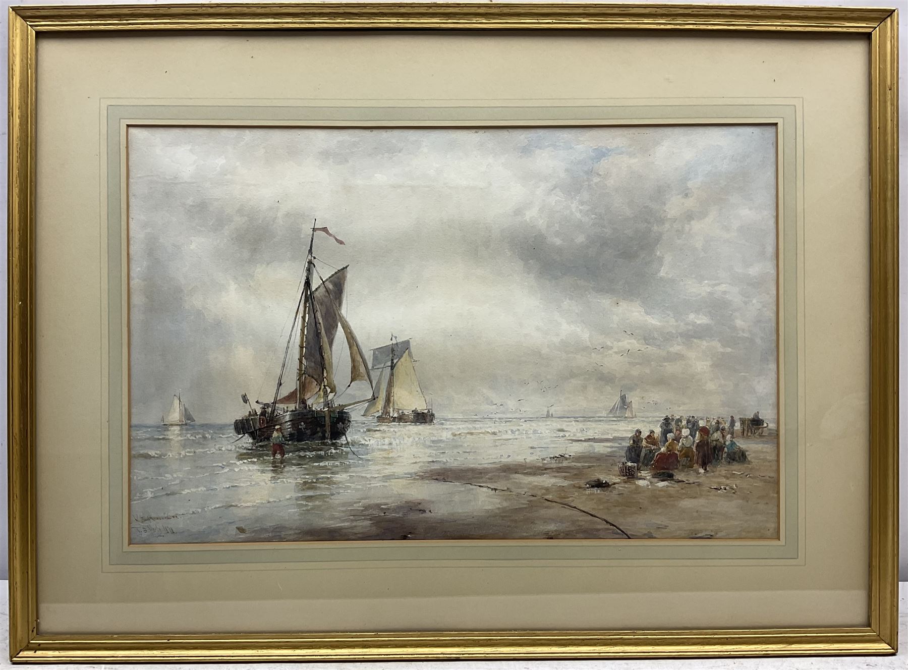 Thomas Bush Hardy RA RBA (British 1842-1897): Unloading the Boats at 'Katwijk aan Zee', watercolour signed titled and dated 1878, 32cm x 50cm 