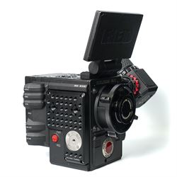 RED Epic-W Helium 8K camera body serial no. 13024E6A9, with RED EVF, three RED Mini Mag 512GB cards, one 480 Mini Mag card and reader, two RED V-Mount batteries and charger, RED top handle, Wooden Camera Easy Top top plate and one other top plate, various accessory cables, Wooden Camera bridge plate for 19mm studio rods, 12 inch Wooden Camera Dovetail plate and four 19mm studio rods to include two 380mm and two 610mm, with original Epic-W camera box and contained within a custom cut flight case