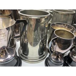 Collection of pewter and silver-plated trophy cups and presentation tankards, largest H28cm
