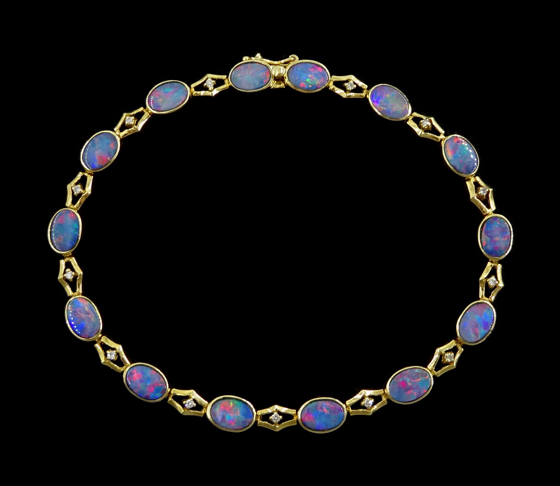 14ct gold opal and round brilliant cut diamond bracelet, stamped