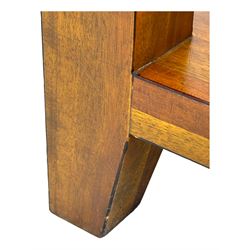 Contemporary hardwood side table, rectangular top over two drawers with shell cup handles, open shelf below, raised on square tapering supports