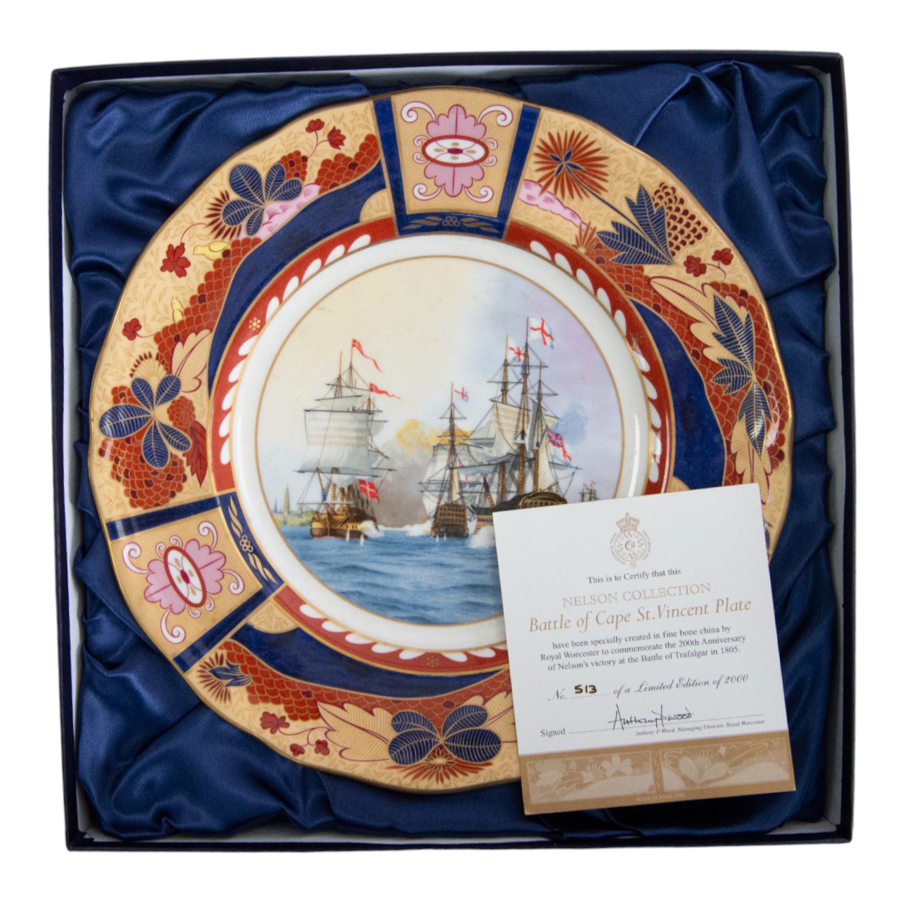 Royal Worcester seven Nelson collection plates, limited edition, comprising two Battle of Cape St Vincent, two Battle of Trafalgar, two Battle of Copenhagen and Battle of the Nile, all with certificates and original boxes 