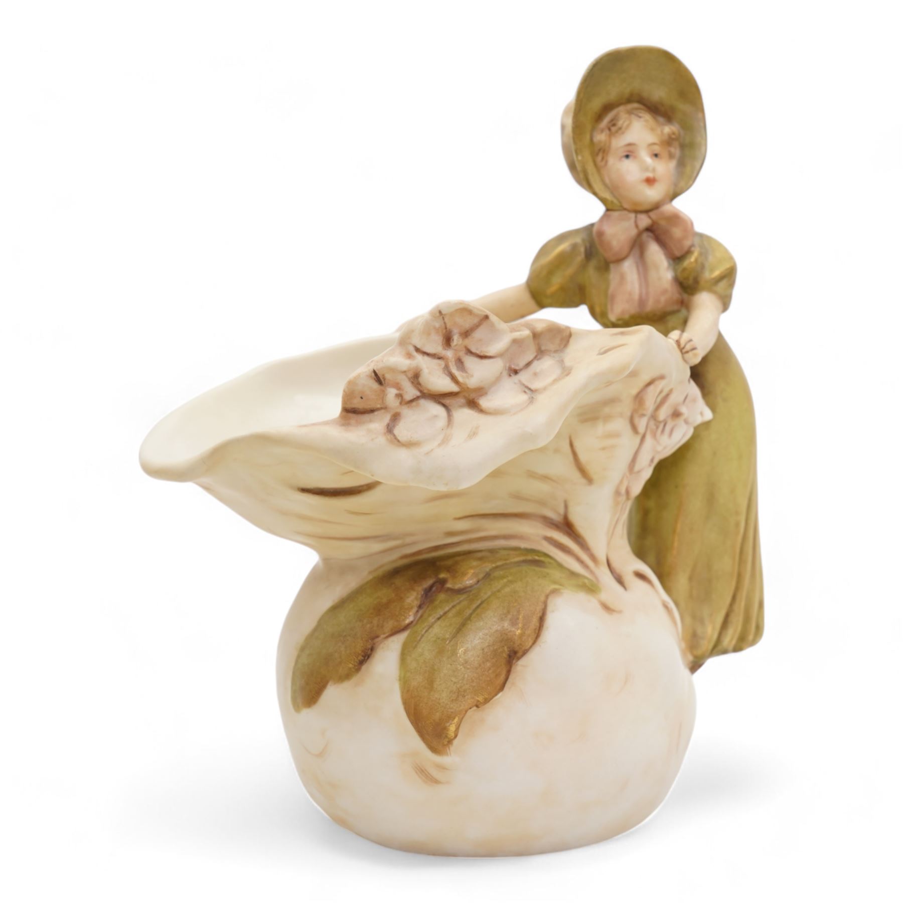 Royal Dux figural basket, modelled with a boy sitting upon the rim, H20cm, a Royal Dux figural trinket dish and a figural jug (3)