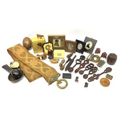 19th century and later portrait miniatures and silhouettes, a small collection of miniature brass fames, various pieces of treen and miscellanea in two boxes
