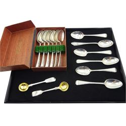 Set of six Edwardian silver teaspoons with bright cut decoration by Levesley Brothers, Sheffield 1901, siz other silver teapoons and a pair of silver salt spoons by Henry John Lias & James Wakely, London 1884, approx 6.3oz