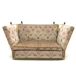 Traditional two seat Knoll style sofa, upholstered in a beige ground fabric, W163cm
