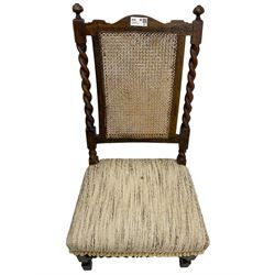 18th century oak framed hall chair, cane back with spiral turned pilasters, upholstered seat, turned supports with barley-twist stretcher
