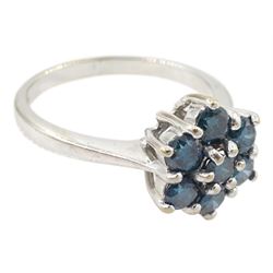 18ct white gold seven stone, round brilliant cut blue diamond flower head cluster ring, hallmarked, total diamond wight approx 0.80 carat