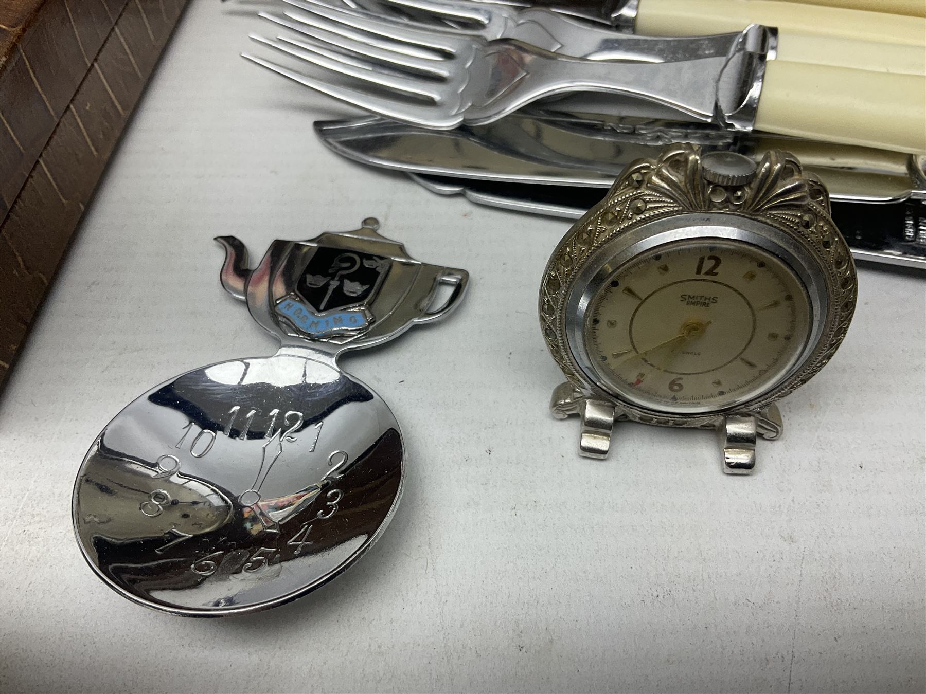 Mid 20th century cigarette box in the form of a gondola, the faux tortoiseshell with mother of pearl inlay (a/f), cased mantel clock with silvered numerical dial, oak lidded tea jar caddy, oak box, silver-plate cutlery, quantity of records, Smith's empire miniature clock, stamps etc