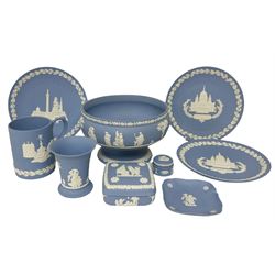 Wedgwood Jasperware footed bowl, together with other Wedgwood jasperware, to include Piccadilly Circus 1971 Christmas book, covered trinket boxes, Christmas plates etc (9)