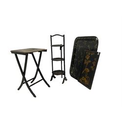 Early 20th century Chinoiserie three tier cake stand (H81cm), folding table, wall hanging plaque and black lacquered tray 