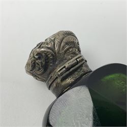 Silver mounted green glass scent bottle, with original stopper, and embossed silver cover, H7cm