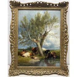 Thomas Sidney Cooper (British 1803-1902): Cattle Beneath Trees, oil on board signed and dated '97, Charles Robertson & Co London label verso 60cm x 45cm 
Notes: Cooper frequently used boards and canvases by Charles Robertson, and labels similar to the present example can be found on works in the Tate, the Fitzwilliam Museum, Cambridge, and Birmingham Museums Trust.