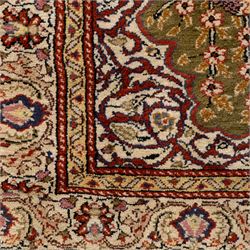 Afghan Ziegler rug, terracotta field with an all-over design of palmettes and stylized foliage in soft beige and gold tones, with a Persian Qum silk prayer rug, with a central tree of life and flowering branches and birds, within multiple floral borders, 88x125cm (2)