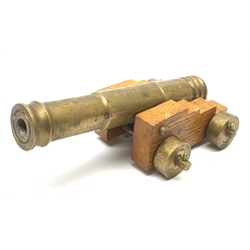  Brass model of a cannon on oak sled, the barrel 15cm, impressed TS A8  