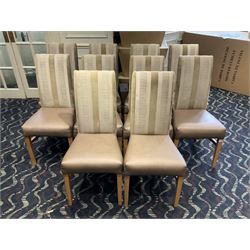Ten high back dining chairs, brown leather seats- LOT SUBJECT TO VAT ON THE HAMMER PRICE - To be collected by appointment from The Ambassador Hotel, 36-38 Esplanade, Scarborough YO11 2AY. ALL GOODS MUST BE REMOVED BY WEDNESDAY 15TH JUNE.
