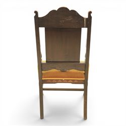 18th century inlaid mahogany armchair, carved back with marquetry panel, overstuffed upholstered seat finished in gold dralon fabric, raised on turned supports united by a stretcher