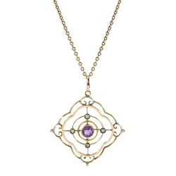 Edwardian 9ct rose gold amethyst and seed pearl pendant, on gold necklace stamped 9ct
