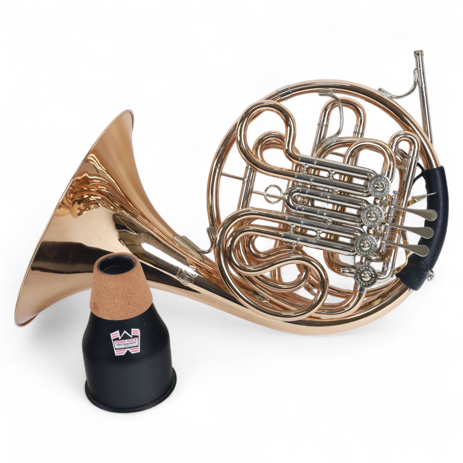Paxman-Model 25L  French Horn, serial No 3015T. with a fixed bell incorporating the Merewether system of Horn design, in a  yellow lacquered finish with nickel silver valve casings, with Denis Wick precision mute, padded soft carrying case and carrying strap