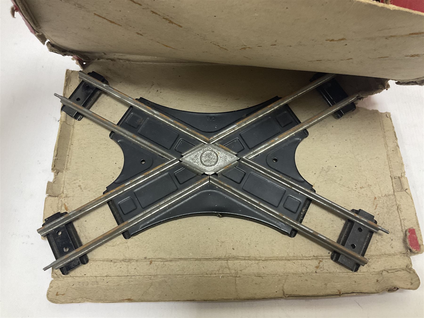 Hornby ‘0’ gauge - LNER 0-4-0 no.460 type 101 locomotive in green with key; further boxed ‘0’ gauge to include no.1 Crane Truck, no.2 single arm signals, open and closed goods wagons and cars; large quantity of track to include railway crossing, straight and curved track etc, in two boxes 