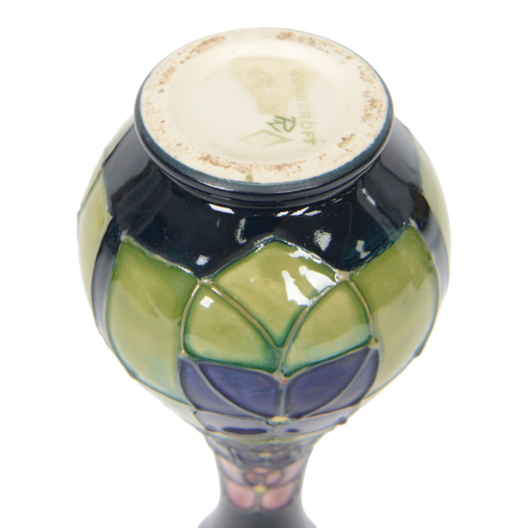 Two Moorcroft vases, in violets pattern, with original boxes, bud vase H17cm