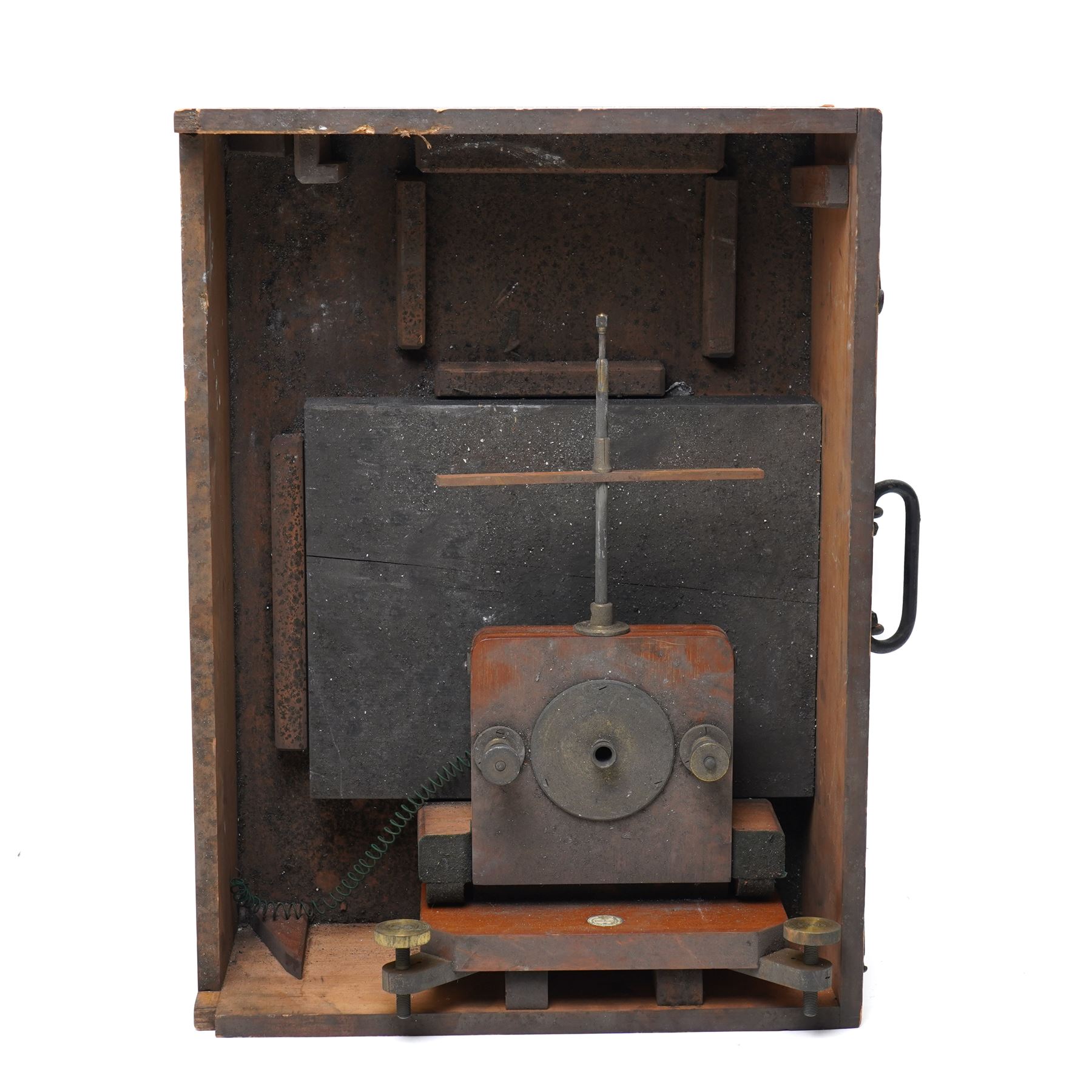 Late 19th century engineering or mechanics teaching apparatus, from Professor Stuarts Workshop Cambridge University, written on central inlaid bone plaque, within case, H48.5cm x W36cm 
Notes: Stuart was the first true professor of Engineering at Cambridge between 1875-1890. He persuaded the University to give him a wooden hut to serve as a workshop, on the condition that he furnish and equip it at his own expense. Charles Darwin and Gladstone were among the early visitors to admire the new facility in 1878. This equipment would have been used in the aforementioned workshop.
Provenance: Property of a Nobleman.  