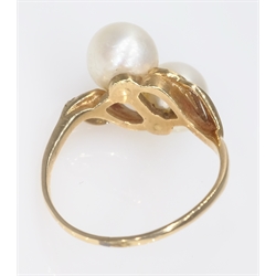  Double pearl scroll set gold ring stamped 14  