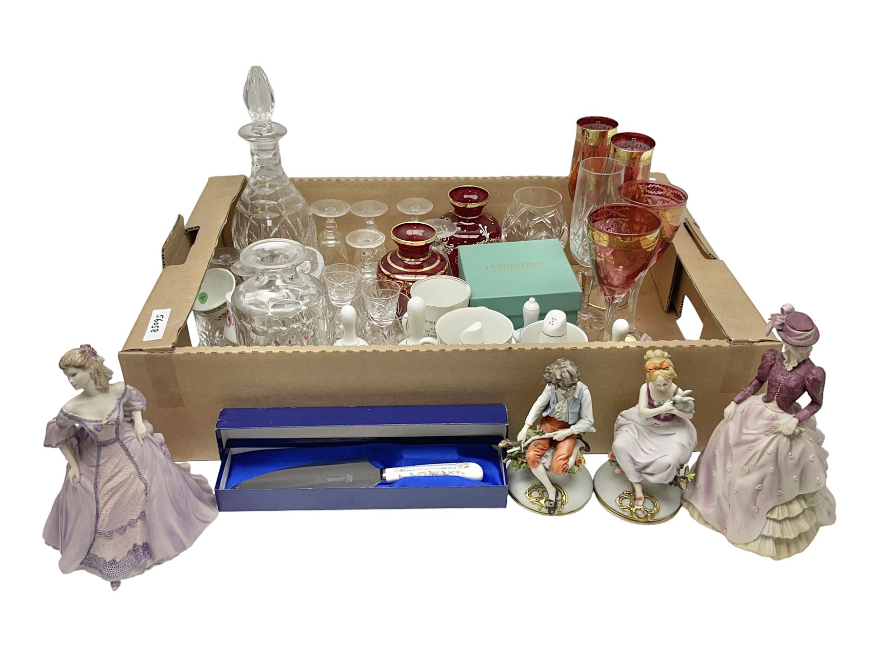 Murano glassware; Coalport and other figures; cut glassware including two decanter sets; drinking glasses; small collection of table bells; royalty commemorativeware etc