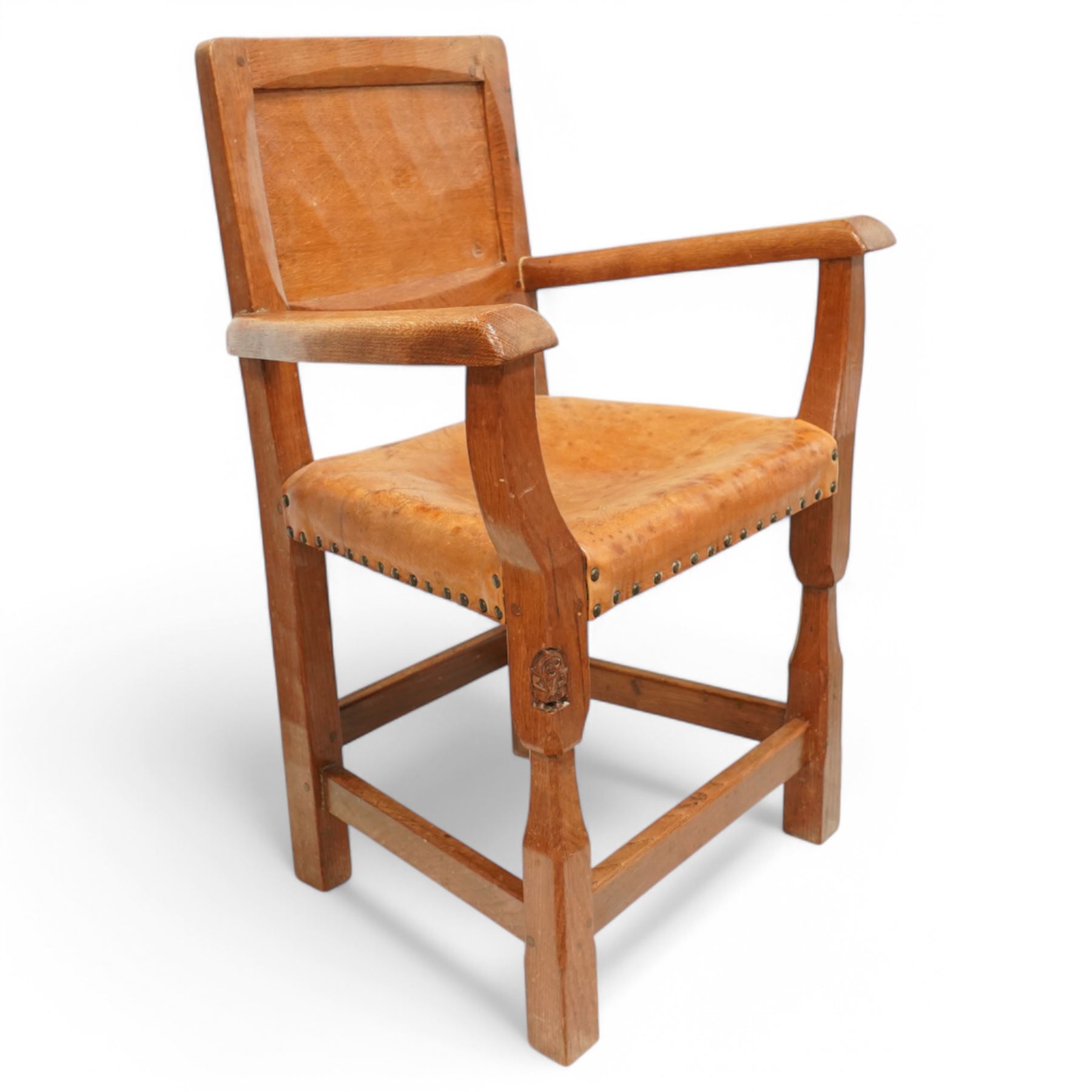 Gnomeman - set of six (4+2) oak dining chairs with panelled backs, by Thomas Whittaker, Littlebeck, Whitby