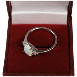 Silver opal and cubic zirconia ring, boxed