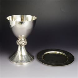 Late 20th century silver chalice, with planished finish the knopped stem modelled as fruit...