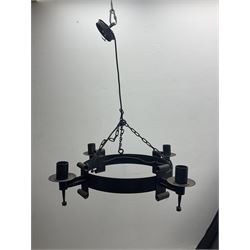 Pair of gothic style wrought iron ceiling lights, each with four branches, D58cm