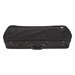 Two 19th century violins, each with two piece maple backs, ebonised wooden pegs and finger boards and modern plastic chin rests, with two bows, all contained within a modern two-violin soft case with red interior