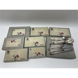 Viners Ltd silver plate Silver Rose pattern cutlery service for six place settings, to include butter knives, table knives and forks, soup spoons, dessert forks and spoons, tea knives, forks and spoons, two serving spoons and a seven piece fruit set, some boxed, missing table spoons