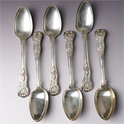 Set of six George IV silver Kings pattern dessert spoons London 1825 Maker Charles Eley  and four 19th century Kings pattern silver dessert forks, various dates