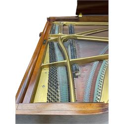  Antonin Petrof - Walnut overstrung baby grand piano, 7 0catve 85 key compass with original strings, tuning pins, damper felts and hammer heads, with roller keyboard action and iron frame, sustaining and una-corda pedals, sliding open lattice music desk, supported on square tapering legs with brass cups and castors, with inner ebonised key fall and ivorine label inscribed 'Supplied by Harrods, London'.