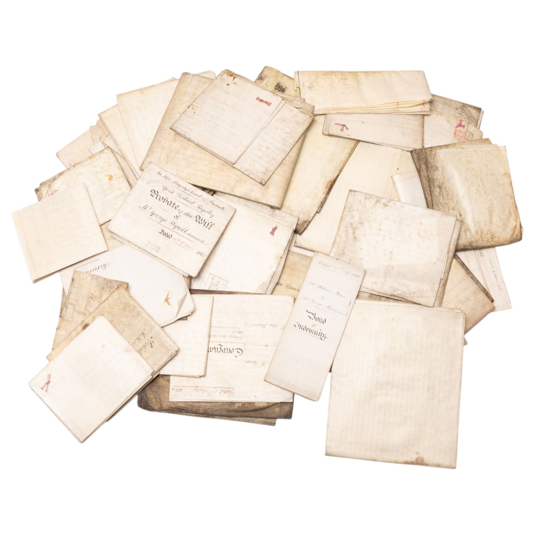 York interest - collection of 18th/19th century vellum indentures, wills and probate documents relating to the City of York and York families, including colonial and missionary interest with Reverend James Beale, formerly of York and late of Sierra Leone, clerk, probate 1857, John Allanson Bulmer, formerly of Ceylon and late of York, and Charles William Marshall of Bengal, India, manager of the Bengal Silk Company, together with other York legal and family papers, many retaining original seals and stamps, in one box
