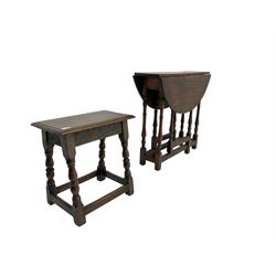 17th century design oak coffin or joint stool, rectangular top over lunette carved frieze rail, raised on turned supports (W46cm D26cn H45cm); and 19th century small oak drop-leaf gateleg table, circular top raised on turned supports (W80cm H67cm)