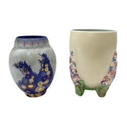 1930s Carlton Ware Art Deco Garden pattern vase of shouldered ovoid form, decorated with blue, pink and yellow flower heads on a mottled blue and white ground, pattern no. 3413, with printed and painted marks beneath, H19cm, together with a Clarice Cliff My Garden pattern vase, raised upon three feet with blue, pink and purple moulded Hollyhock design, H20cm, with Clarice Cliff Wilkinson Ltd England marks beneath