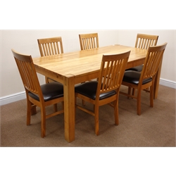 Solid oak rectangular dining table , square supports (W181cm, H76cm, D90cm) and set six dining chairs, upholstered seat (W45cm)    