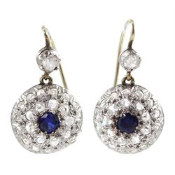 Pair of early 20th century 18ct white gold rose cut diamond and synthetic sapphire domed circular earrings