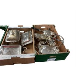 Victorian silver plate chafing dish, together with other silver plate, in three boxes 
