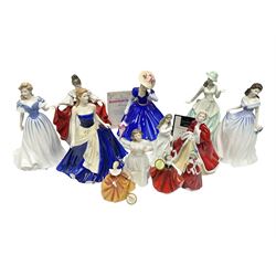 Seven Royal Doulton figures, comprising Sara HN2265, Lorraine HN4301, Mary HN3375, Olivia HN5114, Charlotte HN4092, Josephine HN4223 and Rachel HN4780, together with five smaller Royal Doulton figures (12)